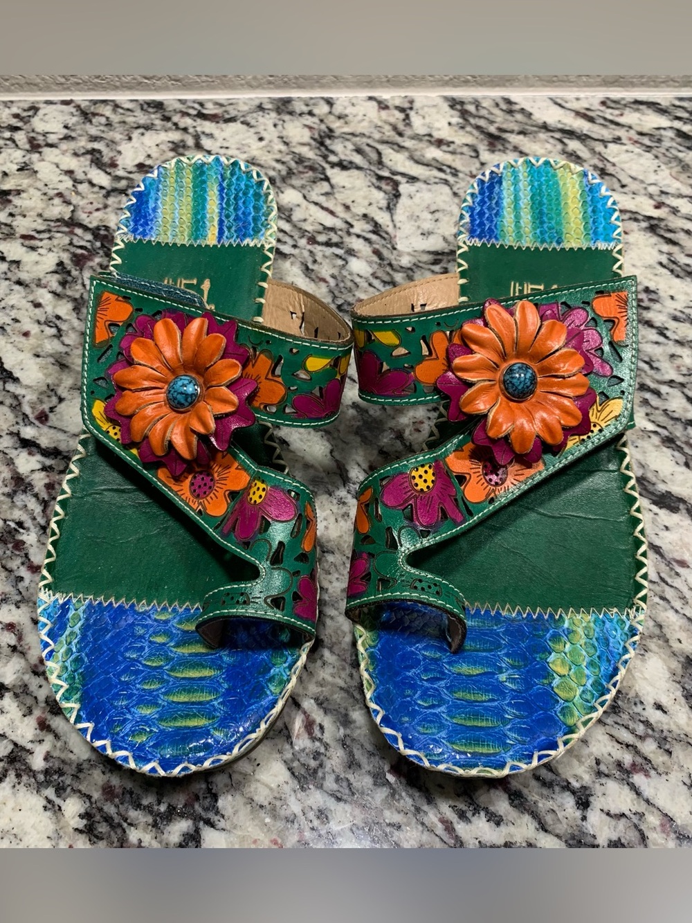 Spring Step L'Artiste Slide Sandal Womens 41  Vardi Mint Leather Platform Flower - Picture 3 of 11